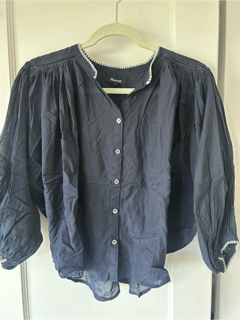 Madewell Navy Blue Embroidered Trim Button Front Peasant Top Small